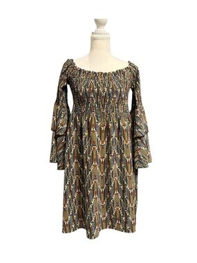 Molly Bracken Boho Smocked Off Shoulder Dress Bell Sleeve Size S
